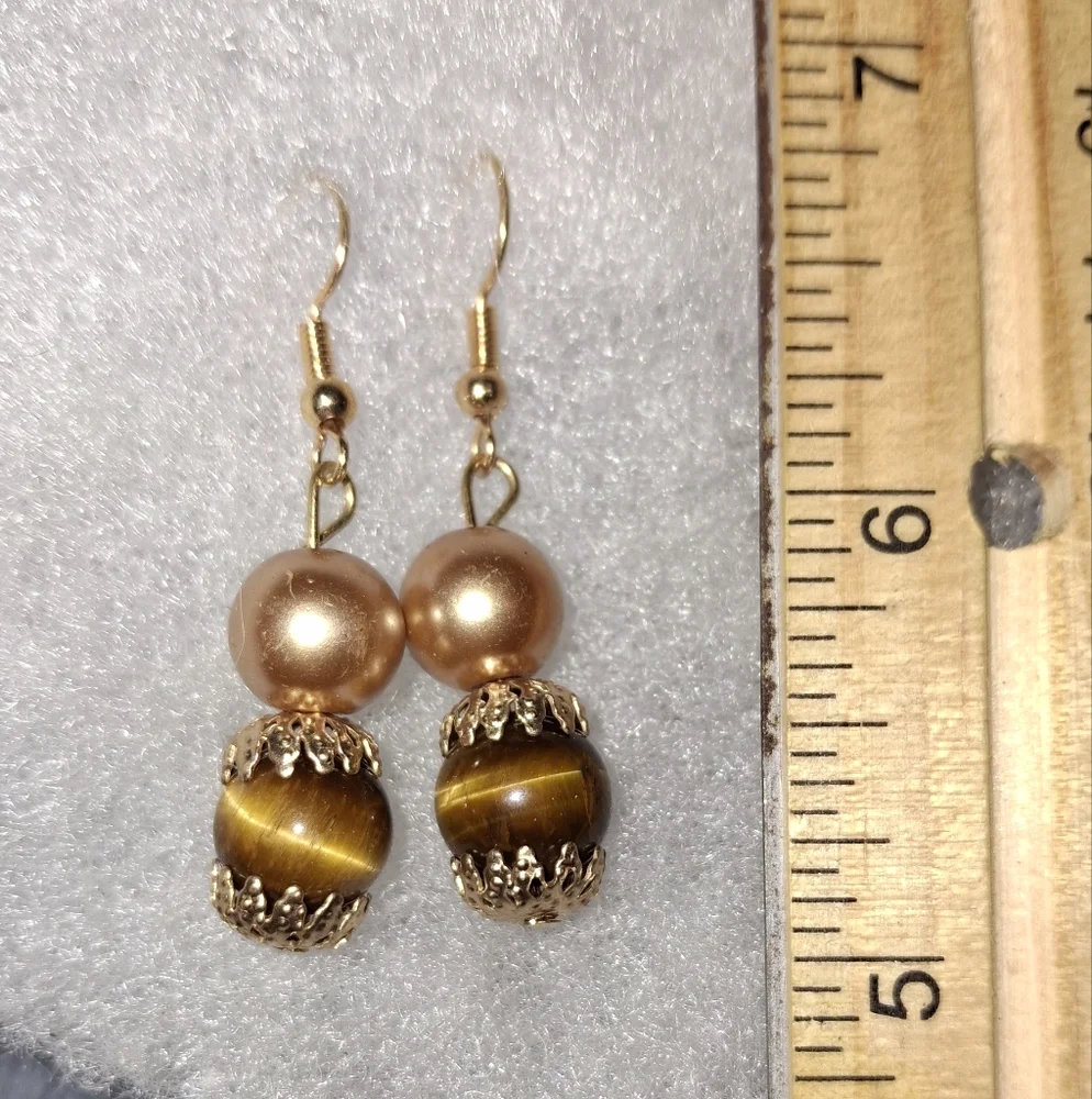 Set Tigers Eye Gold Faux Pearl Stretch Beaded Bracelet And Dangle Earrings